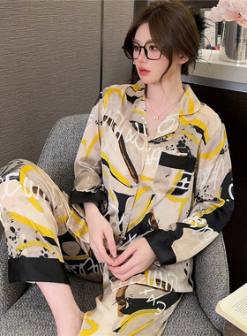 新款睡衣女春夏秋季韩版冰丝薄款性感长袖抽象丝绸印花家居服套装