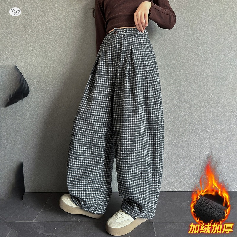 女童弯刀裤加绒加厚2025新款休闲千鸟格阔腿裤中大童休闲卫裤长裤，童装裤子，祺儿童装