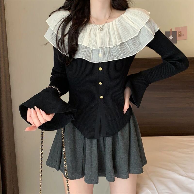 双层荷叶领喇叭长袖针织衫女秋季新款显瘦修身排扣开叉短款上衣