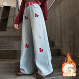 女童卡通刺绣牛仔裤2025年秋冬加绒新款中大童休闲阔腿裤直筒长裤，童装裤子，祺儿童装