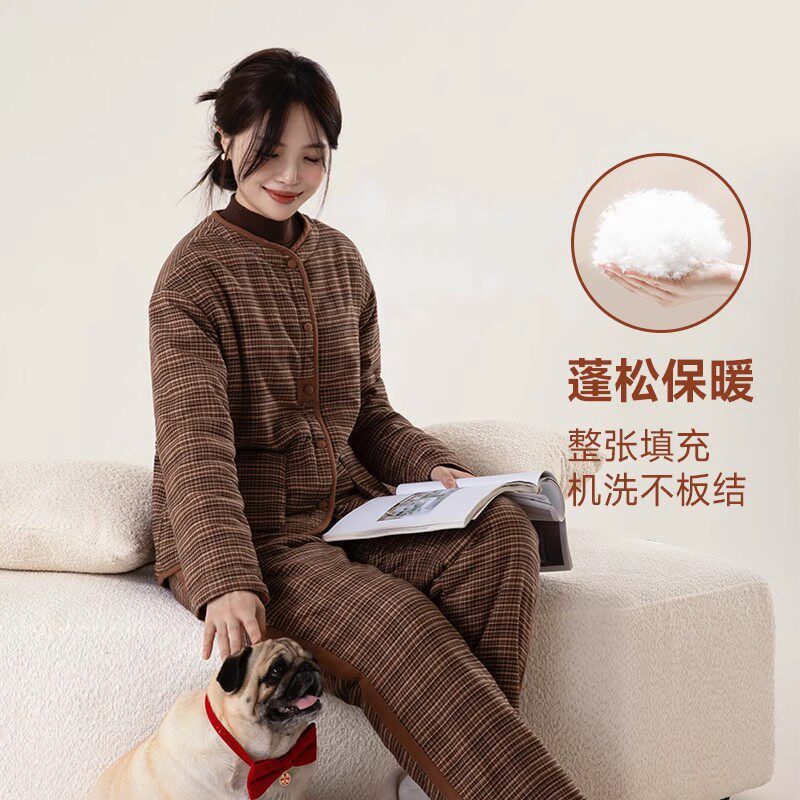 新款冬季全棉圆领长袖细格子棉服外套加厚保暖棉衣家居服睡衣女潮