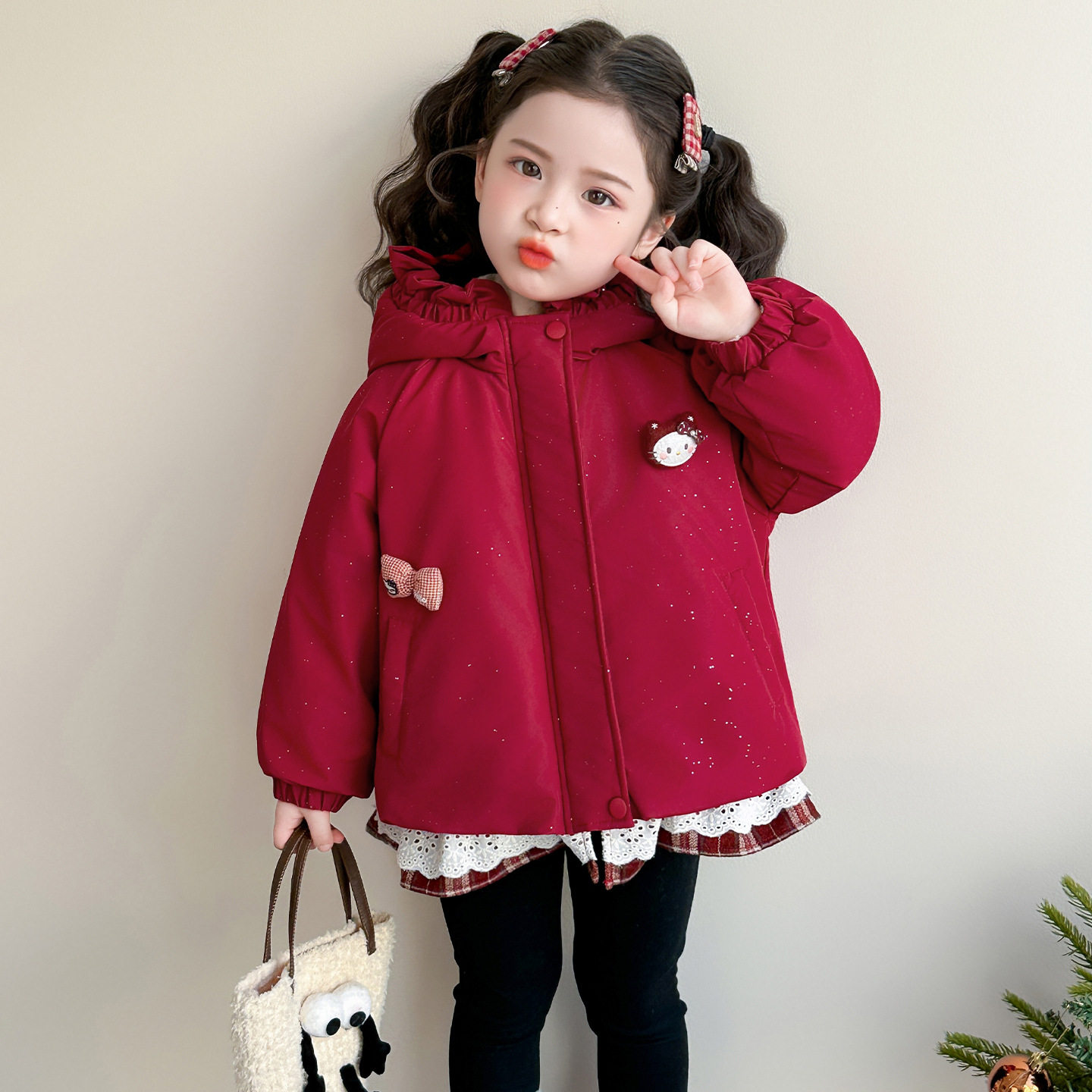 女童连帽加绒棉衣冬季2025新款洋气时髦加厚保暖冬装花边棉服P85，童装棉衣，祺妙童装