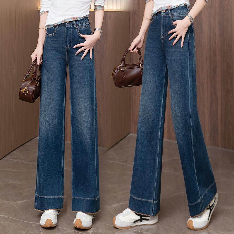 丹宁蓝色阔腿牛仔裤女款秋季2026新款腰显瘦时尚窄版直筒裤子