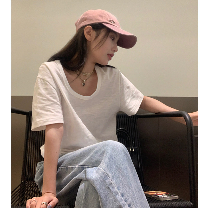 纯色简约宽松竹节棉圆领短袖t恤女夏季韩版时尚打底新款叠穿上衣