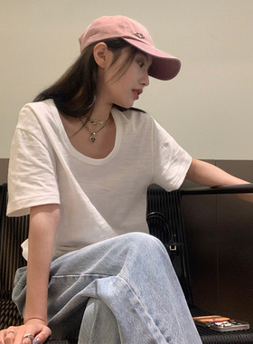 纯色简约宽松竹节棉圆领短袖t恤女夏季韩版时尚打底新款叠穿上衣