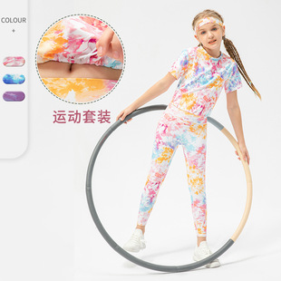 儿童装印花休闲运动瑜伽服套装宽松短袖弹紧身长裤女童舞蹈健身