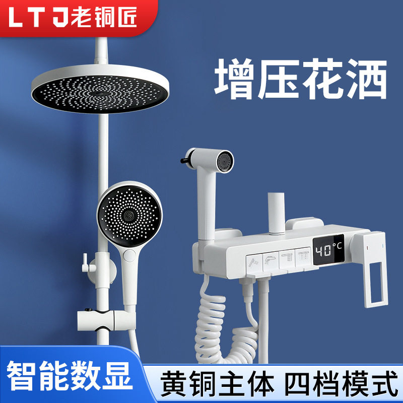 数显花洒套装全铜白色现代壁挂式