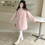 女童2025年冬季新款年服新中式盘扣加绒毛呢大衣女大童风拜年服，童装外套，祺儿童装