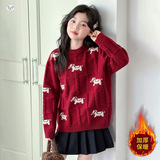 女童加厚毛衣2025年冬季新款中大童红色小马针织衫可爱新年服上衣，童装毛衣，祺儿童装