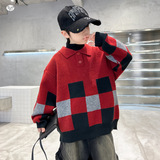 童加厚毛衣2025年秋冬新款中大童休闲翻领针织衫格子拼接打底衫，童装毛衣，祺儿童装