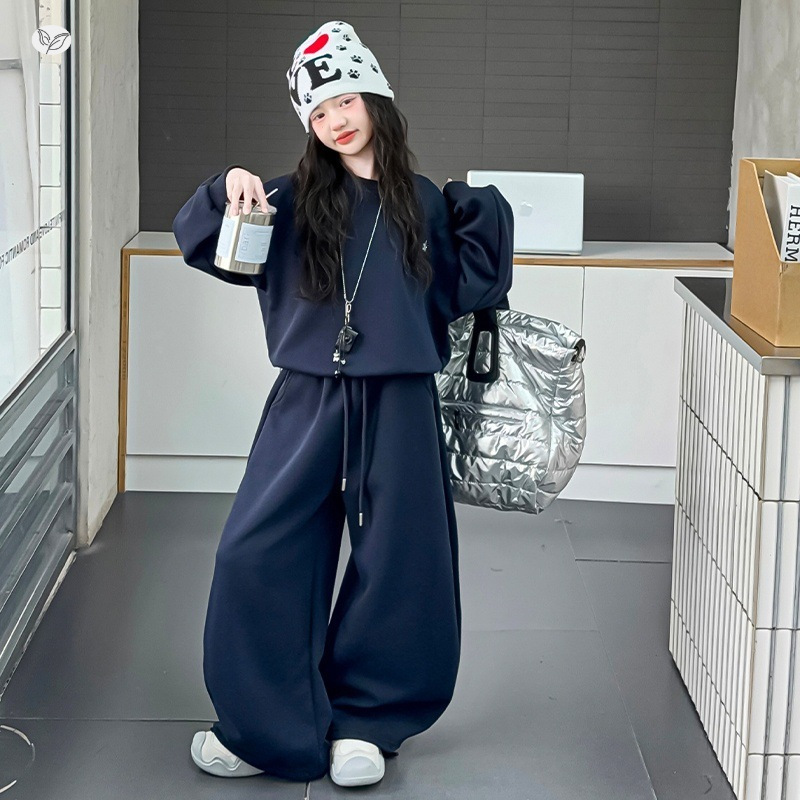 女童运动套装2025年秋季新款刺绣卫衣阔腿裤两件套中大童休闲秋装，童装休闲套装，祺儿童装