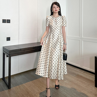 2025夏季新款女复古气质赫本风波点收腰连衣裙桔梗法式长裙21777