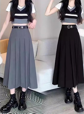 灰色腰a字百褶半身裙女装夏季新款小个子腰显瘦中长款裙子潮