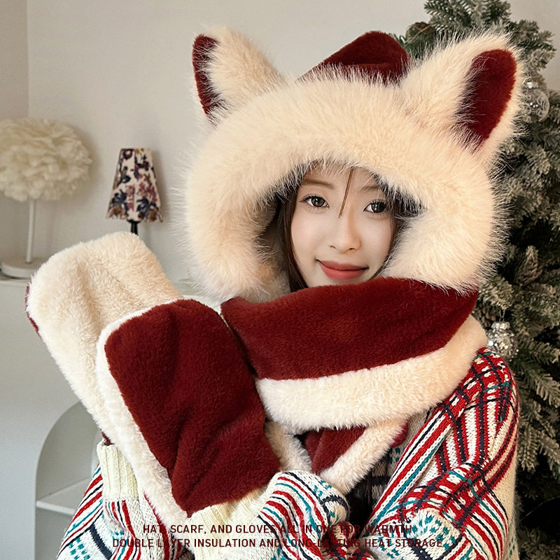 圣诞新款红色帽子围巾手套一体三件套女秋冬防寒保暖连帽护耳围脖