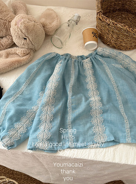 2024春款新品韩版女童圆领刺绣蓝色衬衣儿童重工洋气长袖上衣