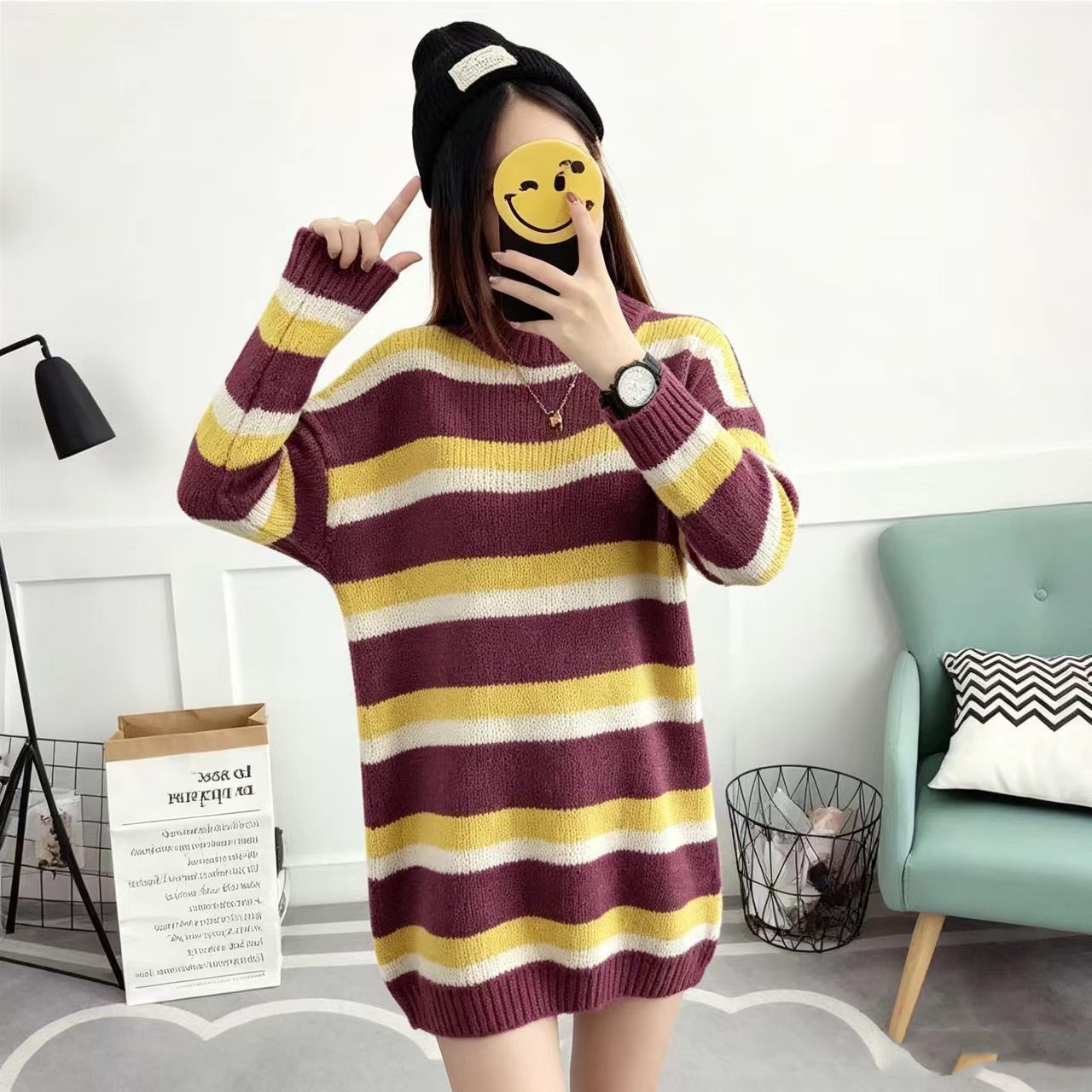 美拉德软糯斑马纹圆领针织衫慵懒风拼色毛衣女宽松中长款2026秋冬