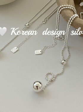 韩国小众级感银饰品 S925纯银 长款链子圆球抽拉项链百搭毛衣链