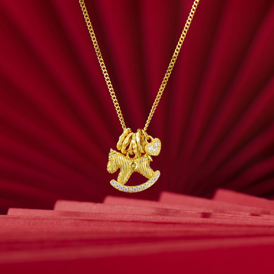 轻奢马上有钱花项链s925纯银镀黄金色条纹摇摇马DIY爱心配饰锁骨