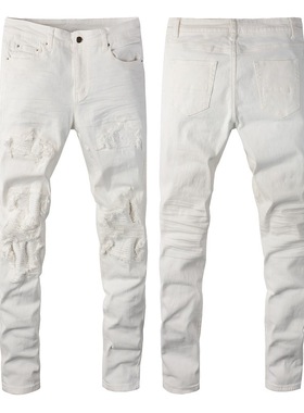 White jeans stretch slim legs 潮牌白色牛仔裤弹力修身小脚长裤