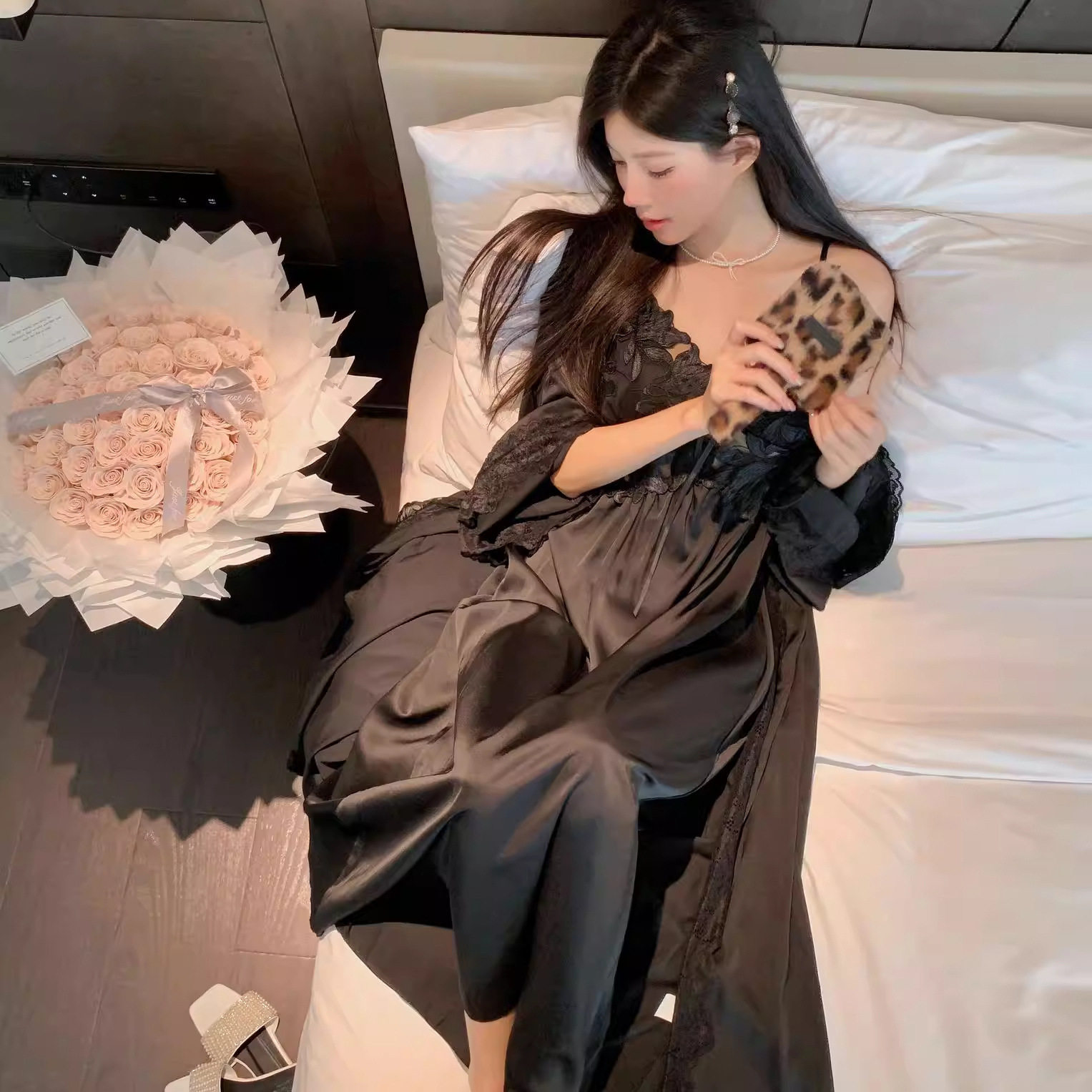 冰丝吊带睡裙睡袍两件套睡衣女春秋长款夏季纯欲性感带胸垫长裙