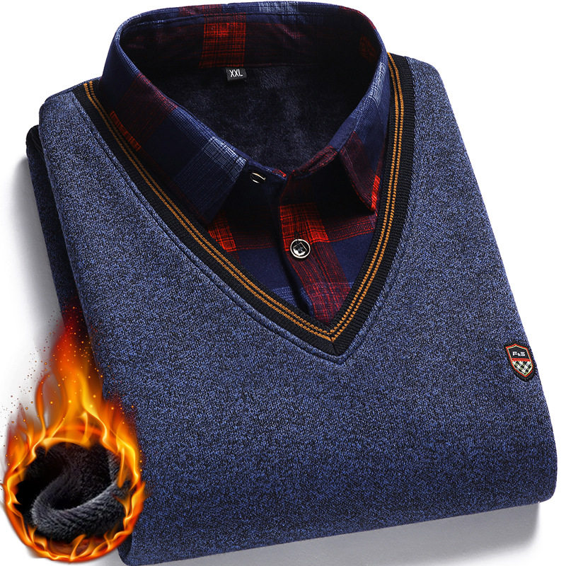 男士保暖内衣加绒加厚冬季针织中老年套头毛衣衬衫领假两件打底衫