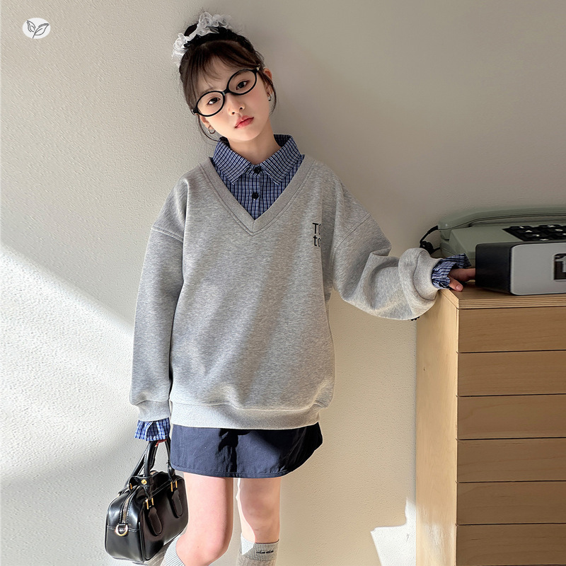 女童秋季套装2025新款假两件字母卫衣半身裙两件套中大童时髦童装，童装休闲套装，祺儿童装