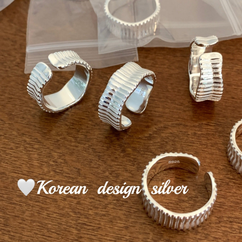 韩国ins博主同款饰品 S925纯银宽版皱褶纹亮银开口戒指级感女款