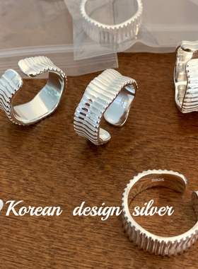 韩国ins博主同款饰品 S925纯银宽版皱褶纹亮银开口戒指级感女款