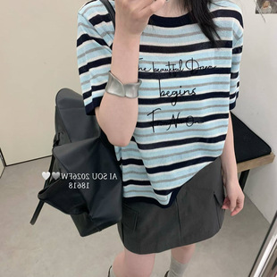 上衣字母提花刺绣显瘦撞色T恤内搭 韩系条纹短袖 26年夏季 新款