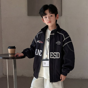童春秋款 机车风夹克儿童明线撞色外套中大童字母刺绣帅气上衣潮