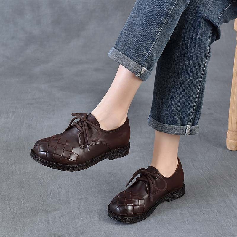以一春夏新款头层牛皮编织复古单鞋软底软面平底休闲系带女式皮鞋