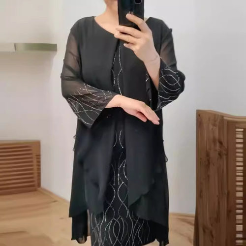 夏季中年妈妈亚马逊新款时尚雪纺拼接女士气质包臀连衣裙宽松腰潮