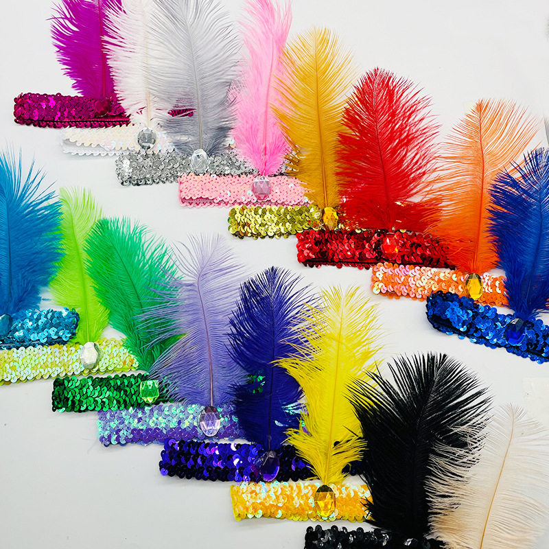 鸵鸟毛头带亮片羽毛头戴镶钻发带演出头戴印第安成人儿童发带头饰