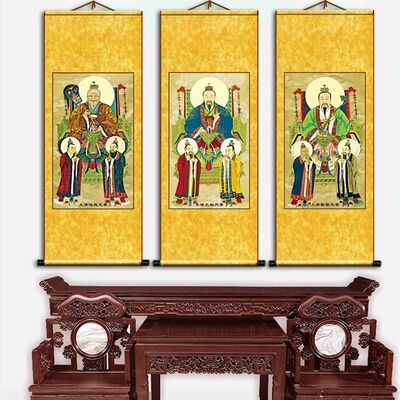 三清祖师画像一套三幅供奉元始天尊太上老君挂画卷轴丝绢布装饰画