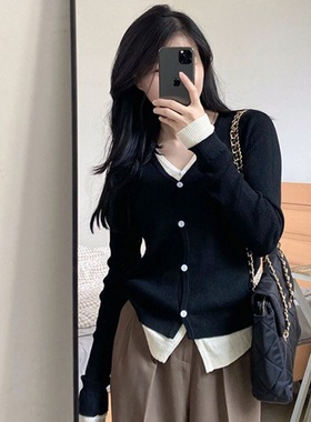 大码胖妹妹黑色V领假两件针织开衫春秋冬新款内搭打底长袖上衣女