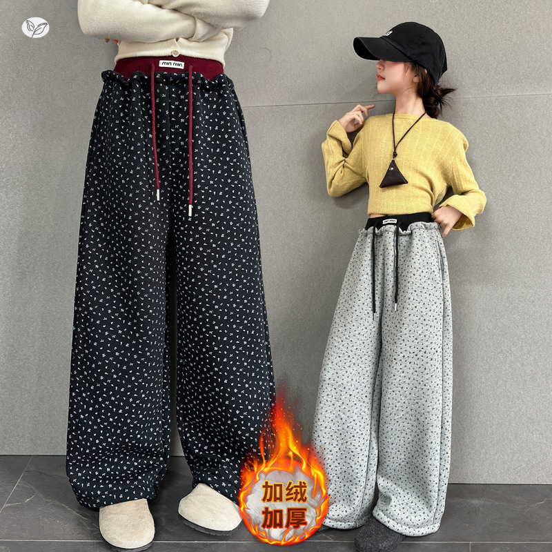 女童加绒碎花阔腿裤2025年秋冬新款中大儿童休闲直筒长裤宽松卫裤，童装裤子，祺儿童装