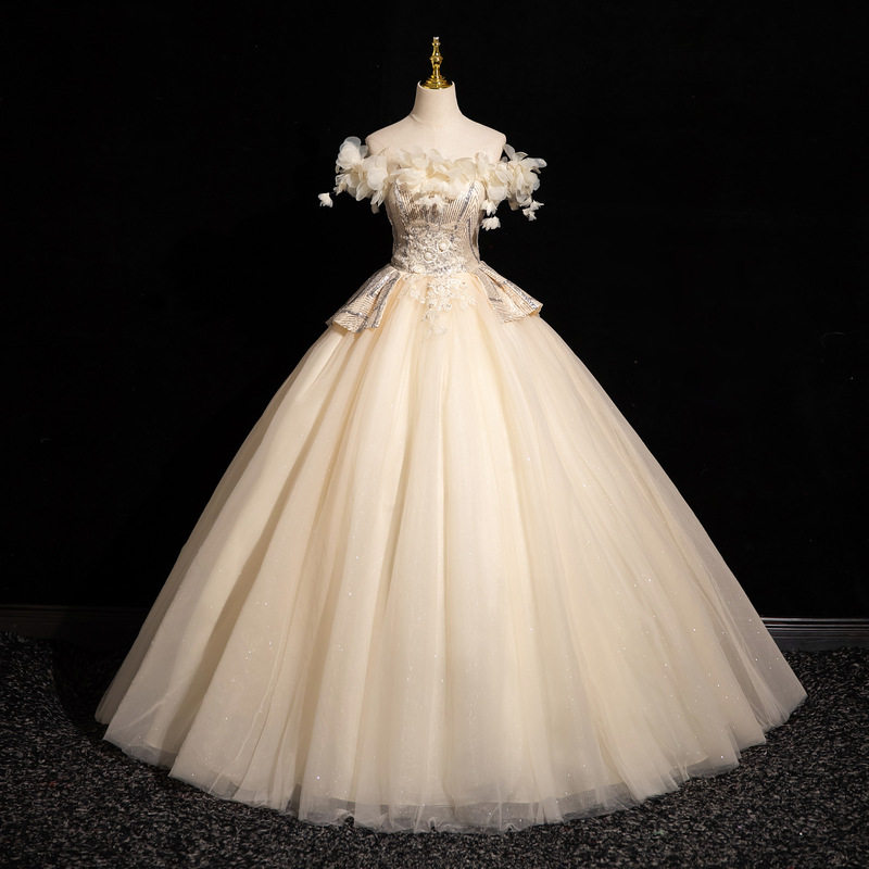 2026香槟色一字肩晚礼服蓬蓬裙成人礼公主裙年会主持声乐艺考礼服