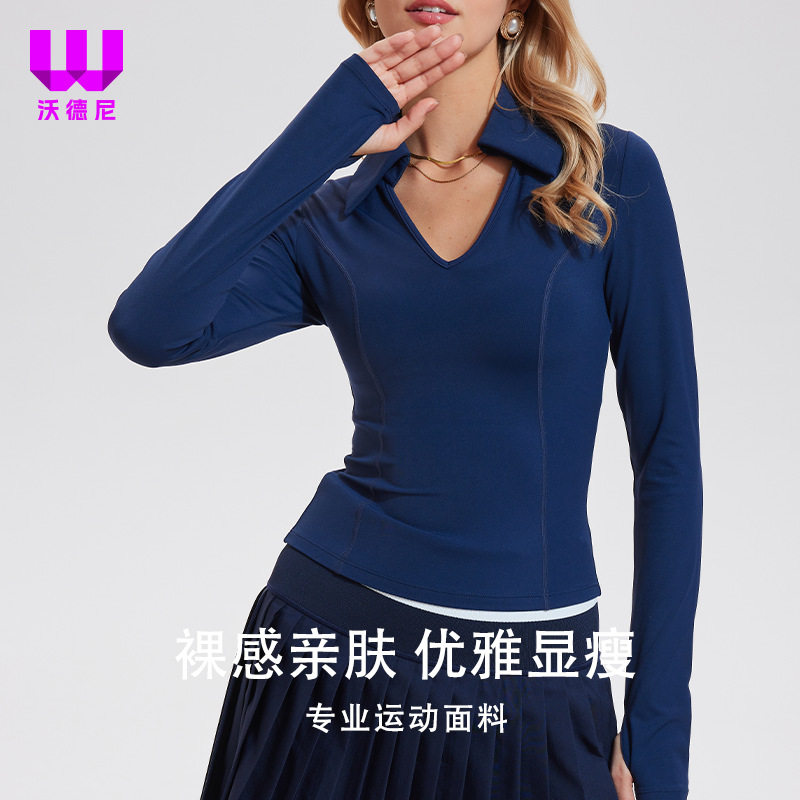 翻领匹克球服长袖上衣高尔夫羽毛网球服女运动健身操速干跑步T恤