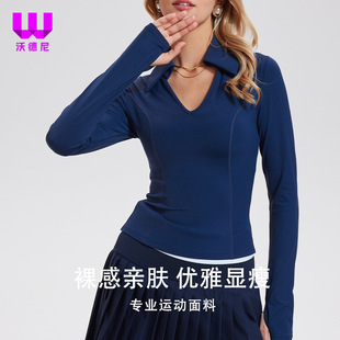 翻领匹克球服长袖上衣高尔夫羽毛网球服女运动健身操速干跑步T恤