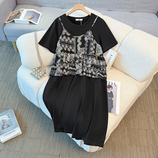女装 假两件慵懒风显瘦短袖 300胖mm夏季 时尚 连衣裙 新款 350斤特大码
