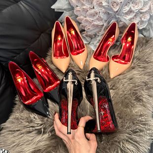 2026年春季新款高跟鞋女细跟尖头性感红底金色权杖百搭女鞋职业鞋