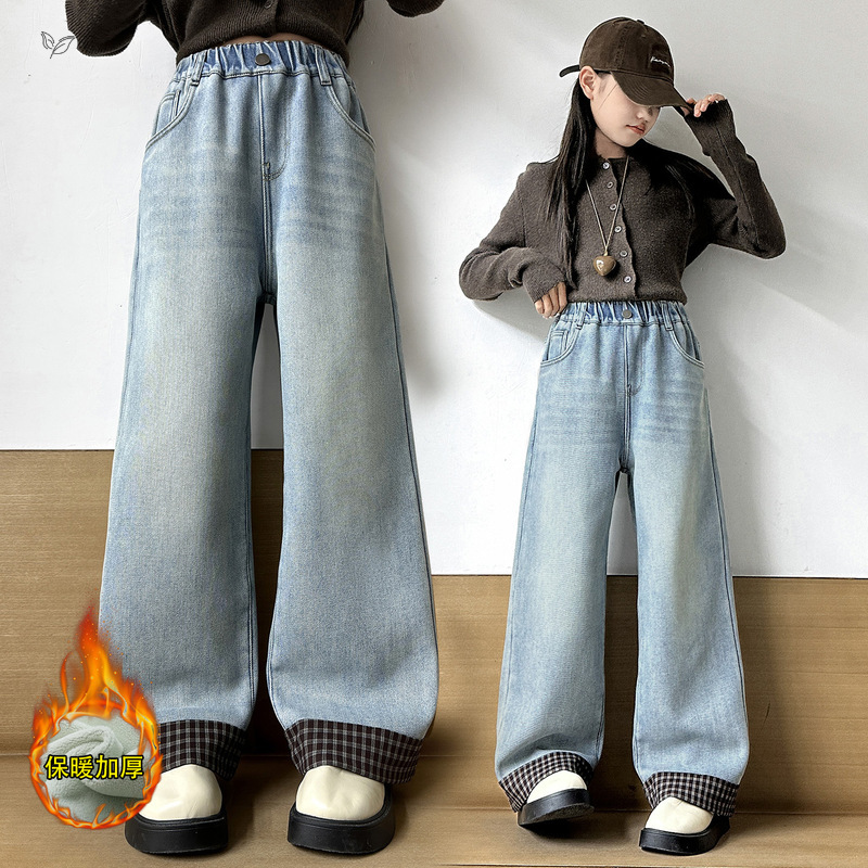 女童秋冬加绒牛仔裤2025年新款中大童格子拼接阔腿裤休闲直筒长裤，童装裤子，祺儿童装