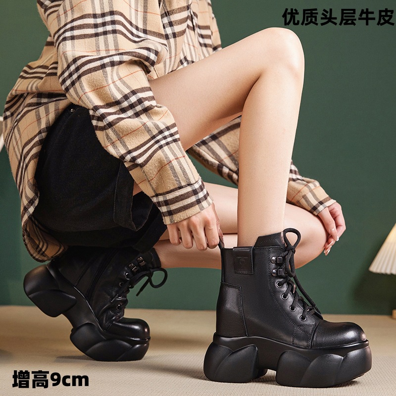 2025秋冬新款小个子小码厚底内增高马丁靴女牛皮高跟中筒真皮短靴