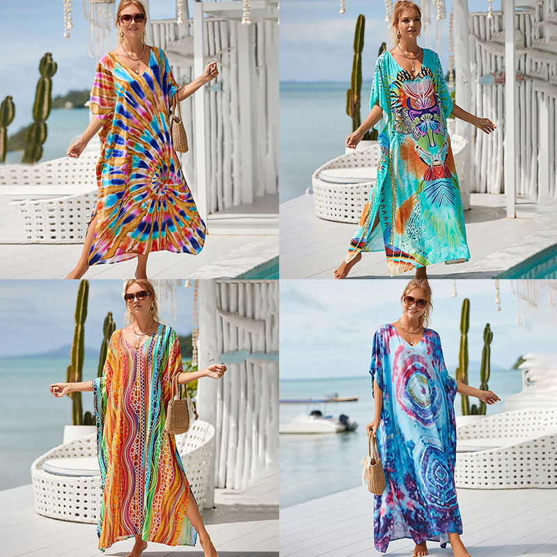 Printed O neck bikini sleeved robe 女比基尼沙滩罩衫大码长袍