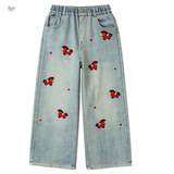 女童秋冬加绒牛仔裤2025新款小马刺绣阔腿裤中大童休闲直筒裤长裤，童装裤子，祺儿童装