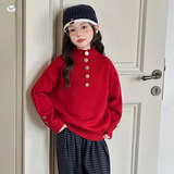 女童加绒毛衣2025秋冬新款立领五粒扣针织衫中大童韩系打底衫春秋，童装毛衣，祺儿童装