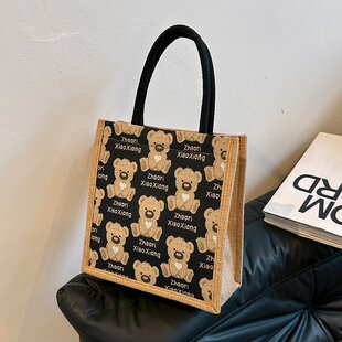 拉链款卡通小熊亚麻布包托特包小拎包ins洋气手提袋生日伴手礼袋