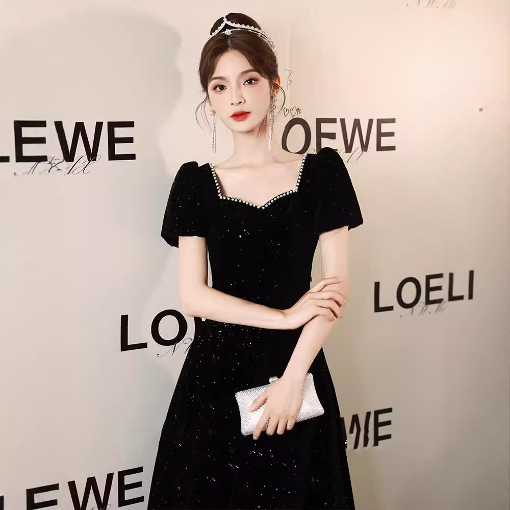 黑色晚礼服裙女气质轻奢钢琴演出服声乐艺考成人礼年会主持连衣裙