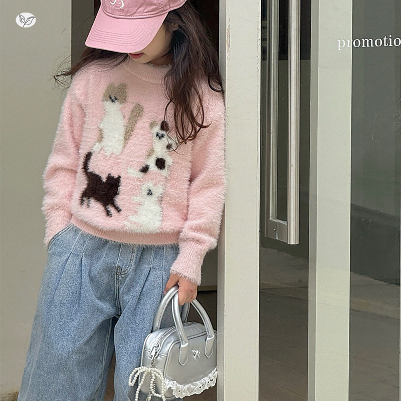 女童毛衣加厚2025年秋冬新款卡通水貂毛针织衫中大儿童休闲打底衫，童装毛衣，祺儿童装