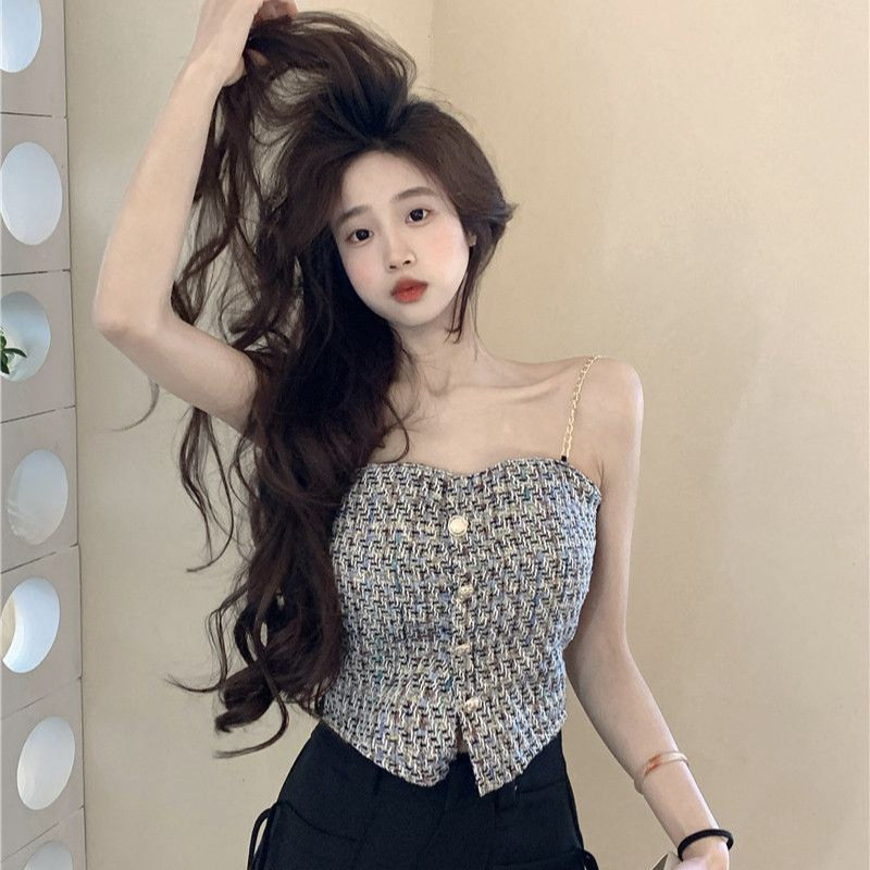 纯欲温柔风编织抹胸秋季新款小香风链条辣妹短款吊带背心外穿上衣,女装/女士精品,抹胸,淘宝优惠券,粉丝福利购,淘宝优惠卷